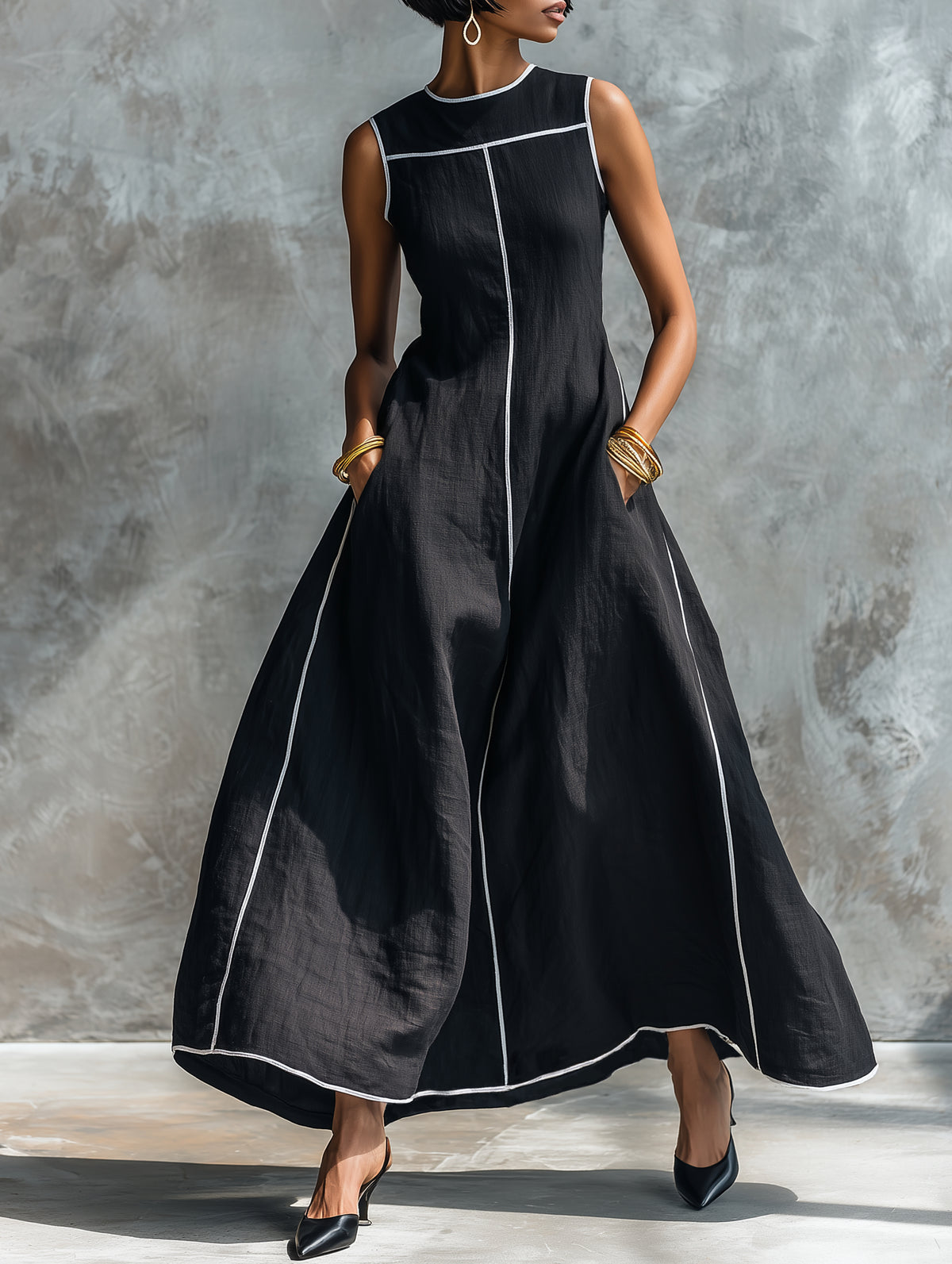 Women's Minimalist Linen-Blend Maxi Dress With Contrast Trim, Round Neck, And Sleeveless Design MDZ1516E0Y