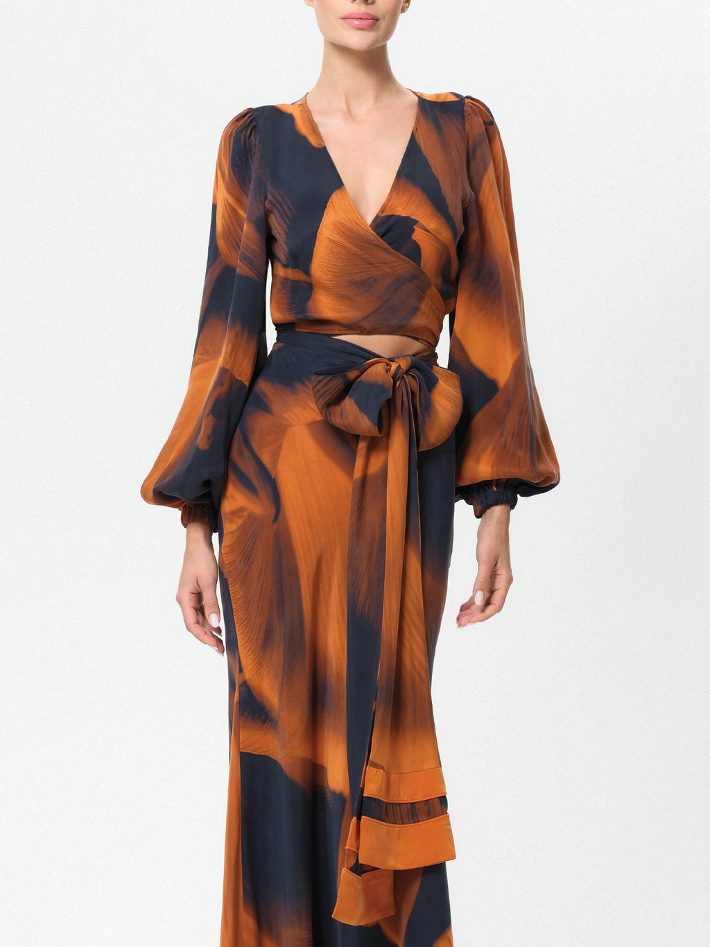 Navy and brown abstract-print reversible top and skirt set