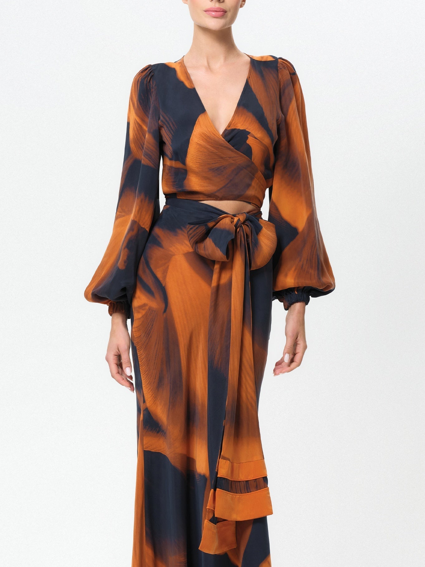 Navy and brown abstract-print reversible top and skirt set