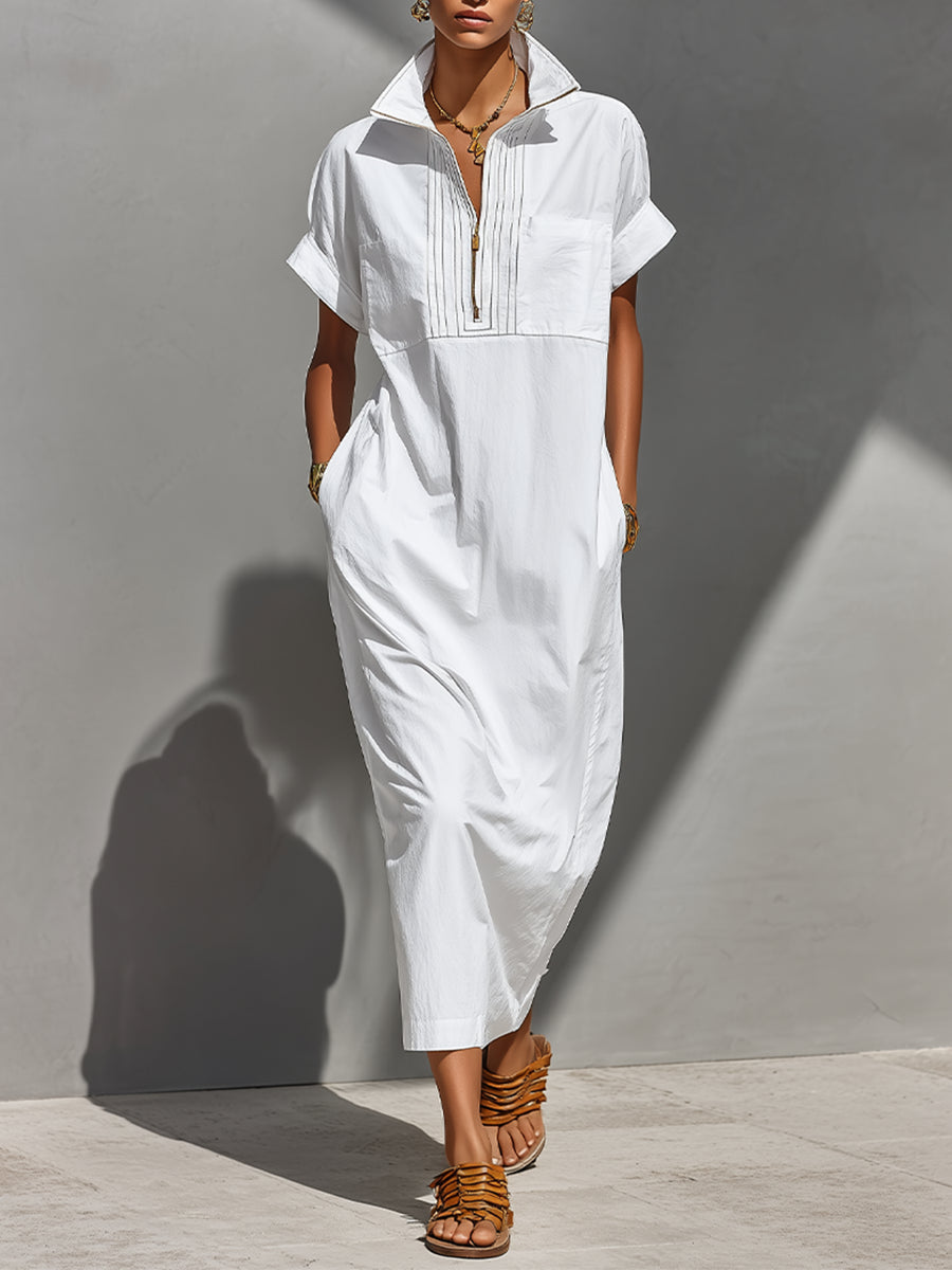 Women's White 100% Cotton Maxi Shirt Dress With Half-Zip Collar & Rolled Sleeves, Timeless Casual Everyday Dress MDZ0779E4LYL