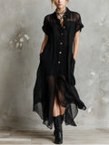 Stylish black short-sleeved loose single-breasted dress with slip dress