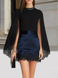 Elegant cape-sleeve top and satin mini skirt set with a lace hem