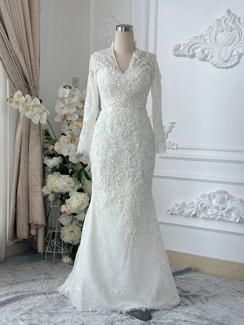 Mermaid wedding dress, V-neck high-neck long-sleeved wedding dress, two-in-one sparkling wedding dress
