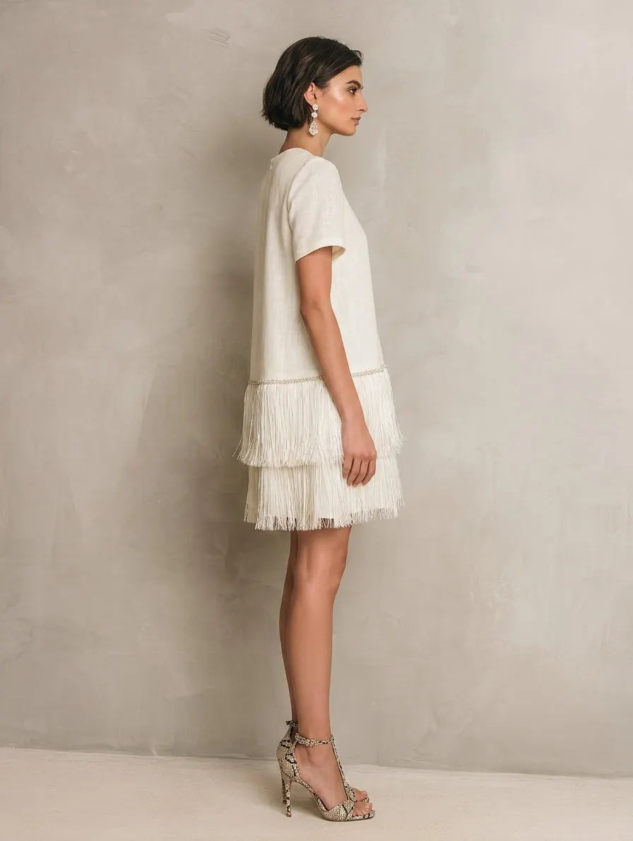 Women's Minimalist Solid-Color Short-Sleeve Mini Dress With Fringed Hem MDZ0967G9WY
