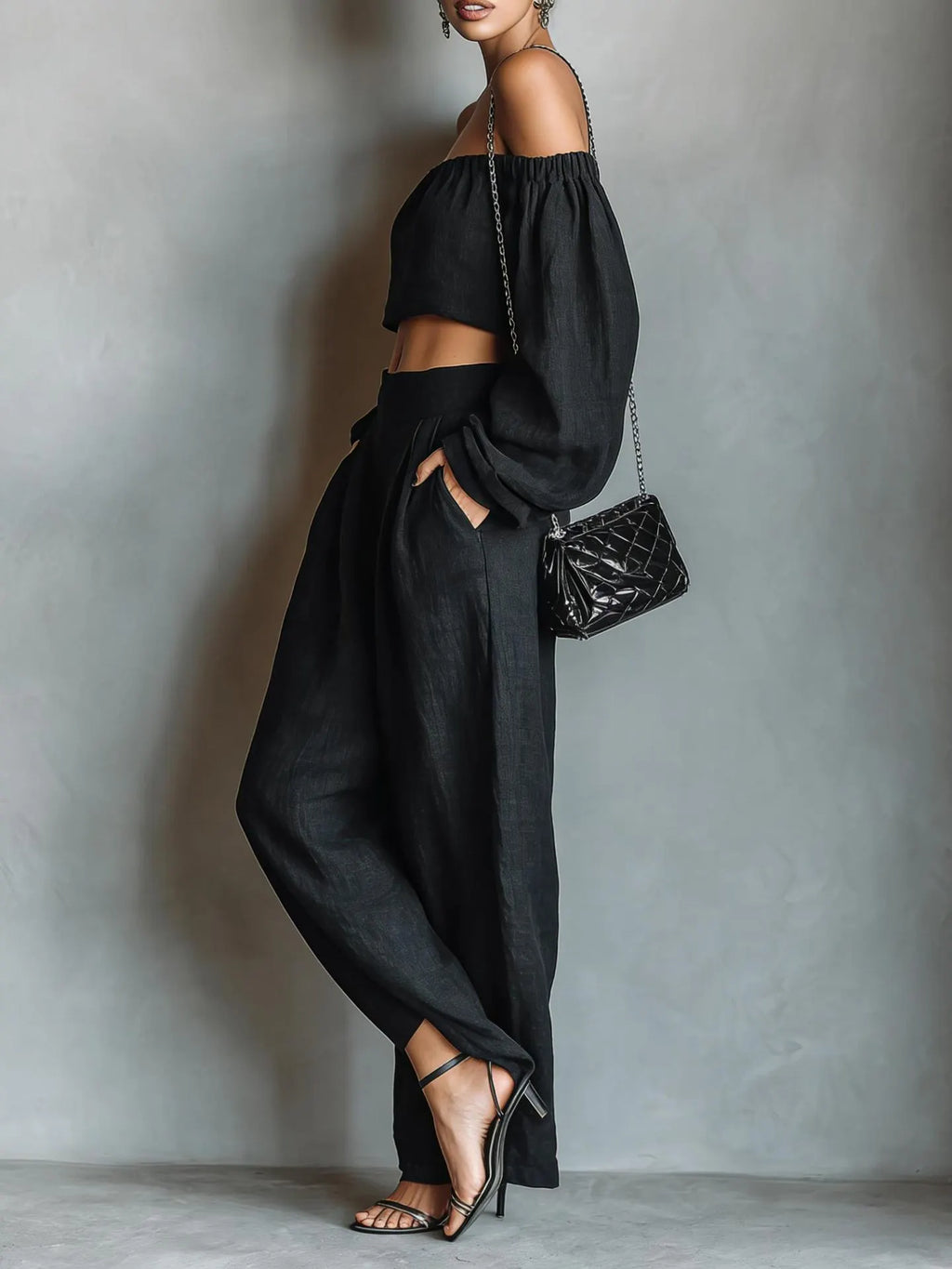 Momocco Elegant Off-Shoulder Puff Sleeve Two-Piece Set - Flowy Wide Leg Pants Resort Wear