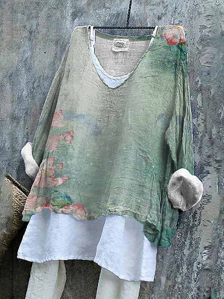 Van Gogh Water Lily Art V-neck Cotton And Linen T-shirt