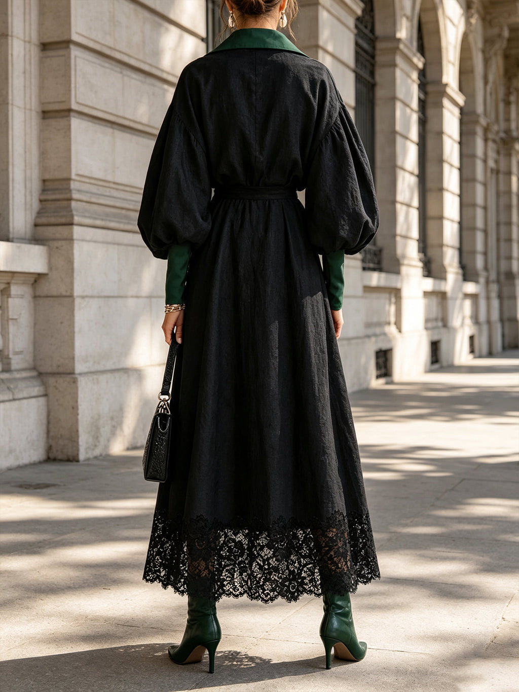Contrast Collar Puff Sleeve Lace Hem Maxi Dress Set