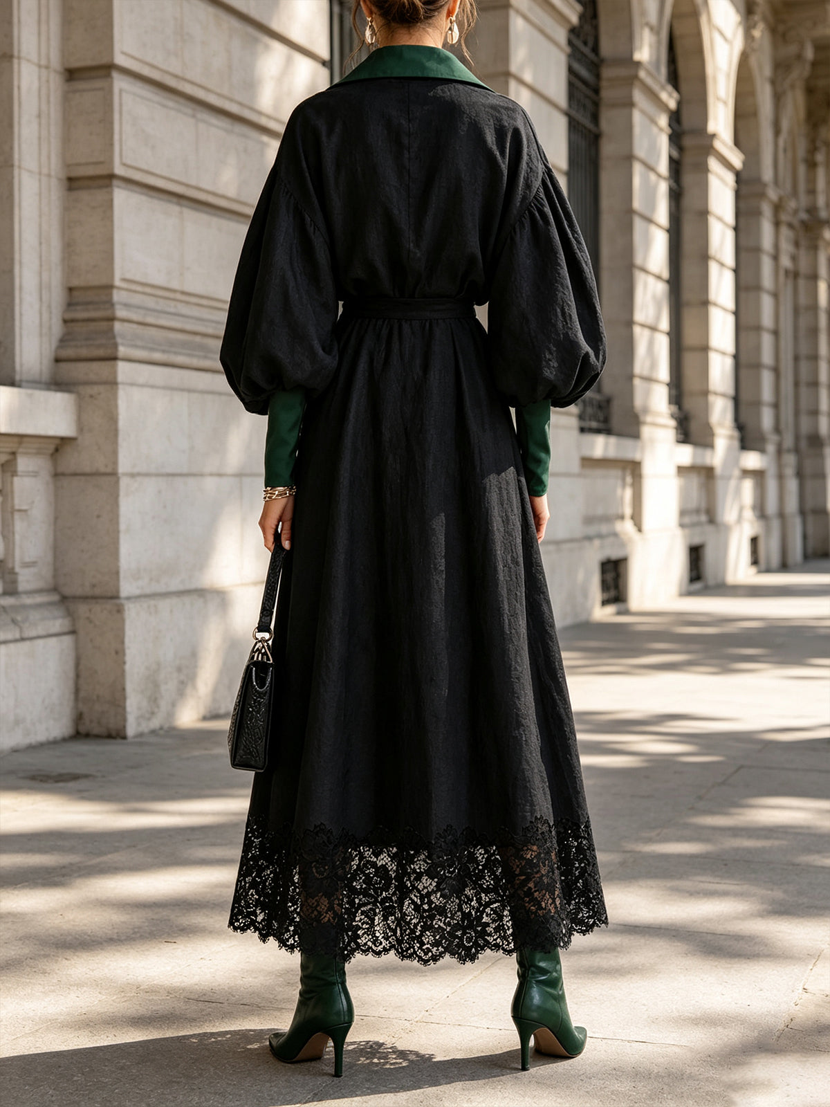Contrast Collar Puff Sleeve Lace Hem Maxi Dress Set