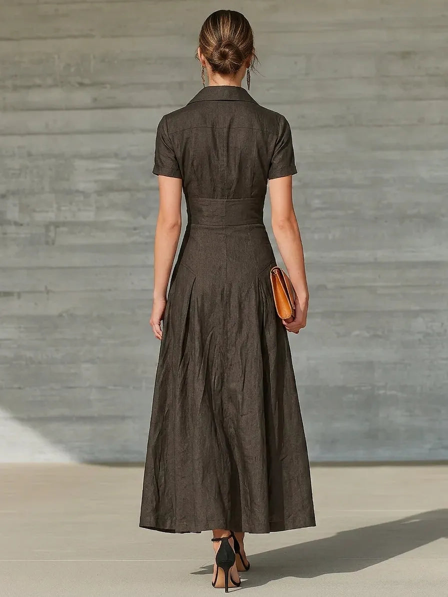 Women's Dark Brown Linen Blend Maxi Shirt Dress With Turn-Down Collar & Side Pockets, Elegant Waist-Cinched A-Line Long Dress MDZ1698G0LYL