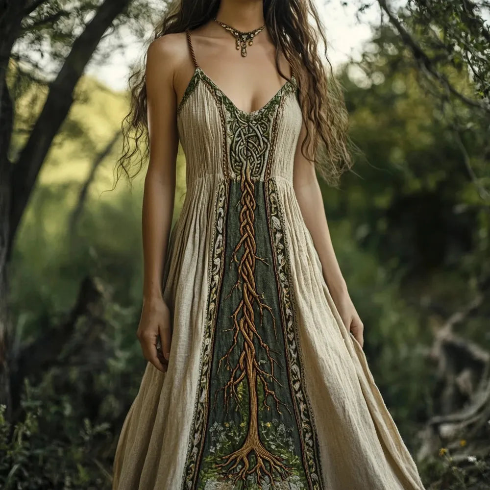 Celtic Myth Tree Of Life Print Women's Linen Halter Dress