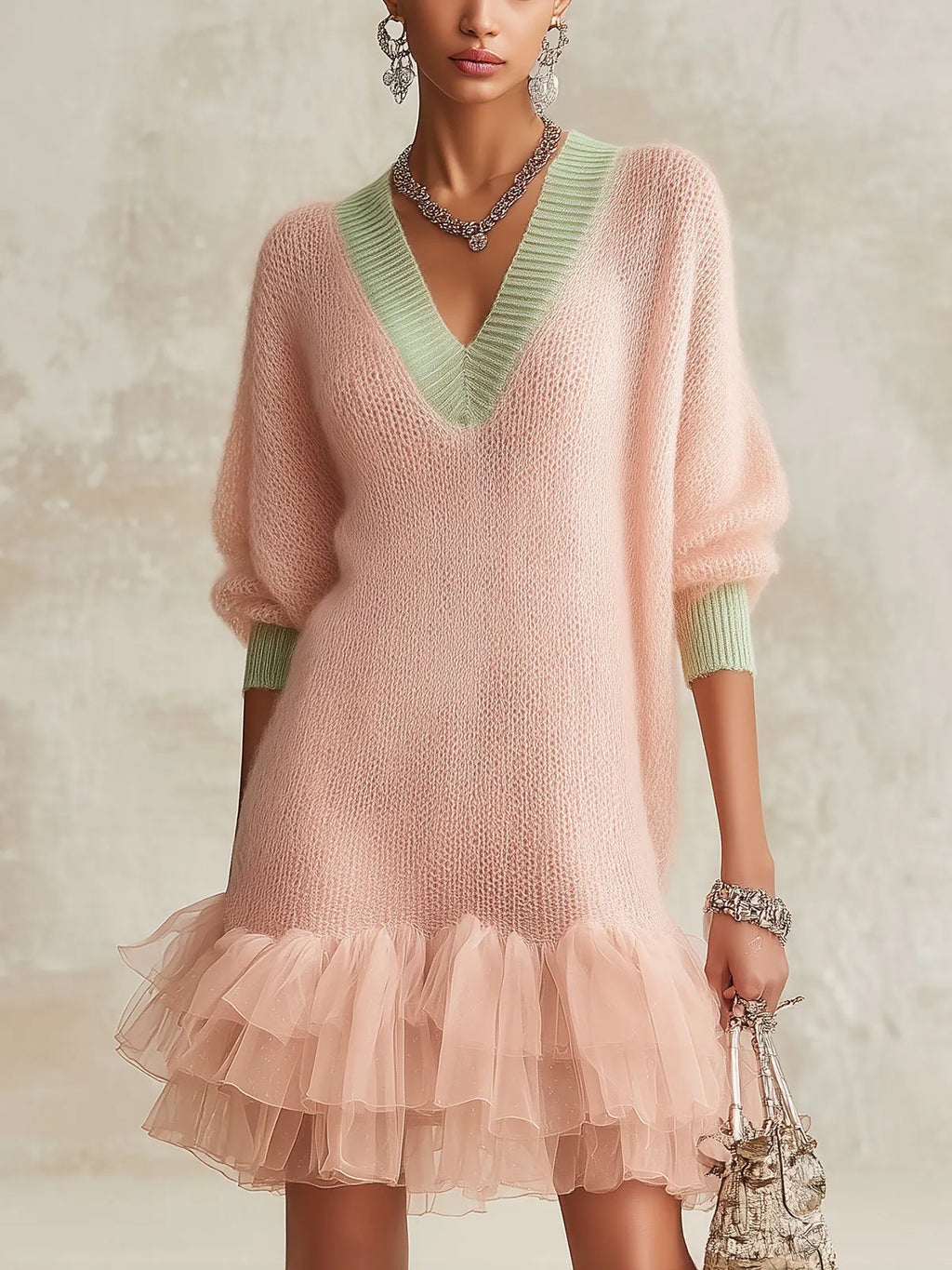 Pink Knit Mini Dress With Green Trim And Layered Tulle Hem