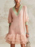 Pink Knit Mini Dress With Green Trim And Layered Tulle Hem