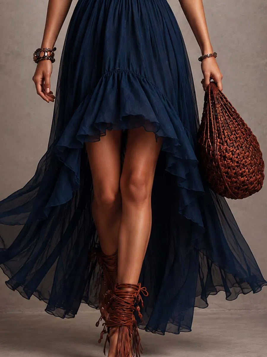 Vintage Elegant Navy Chiffon Halter Neck High-Low Ruffle Maxi Dress