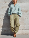 Women's Light Blue Mandarin Collar Half Button Balloon Sleeve Loose Top Sage Green Elastic Waist Multi Pocket Jogger Cargo Pant Two Piece Set MDZ2015G1YZJ