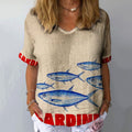 Women's Vintage Ocean Fish Sardines Art Print Casual Cotton And Linen Shirt