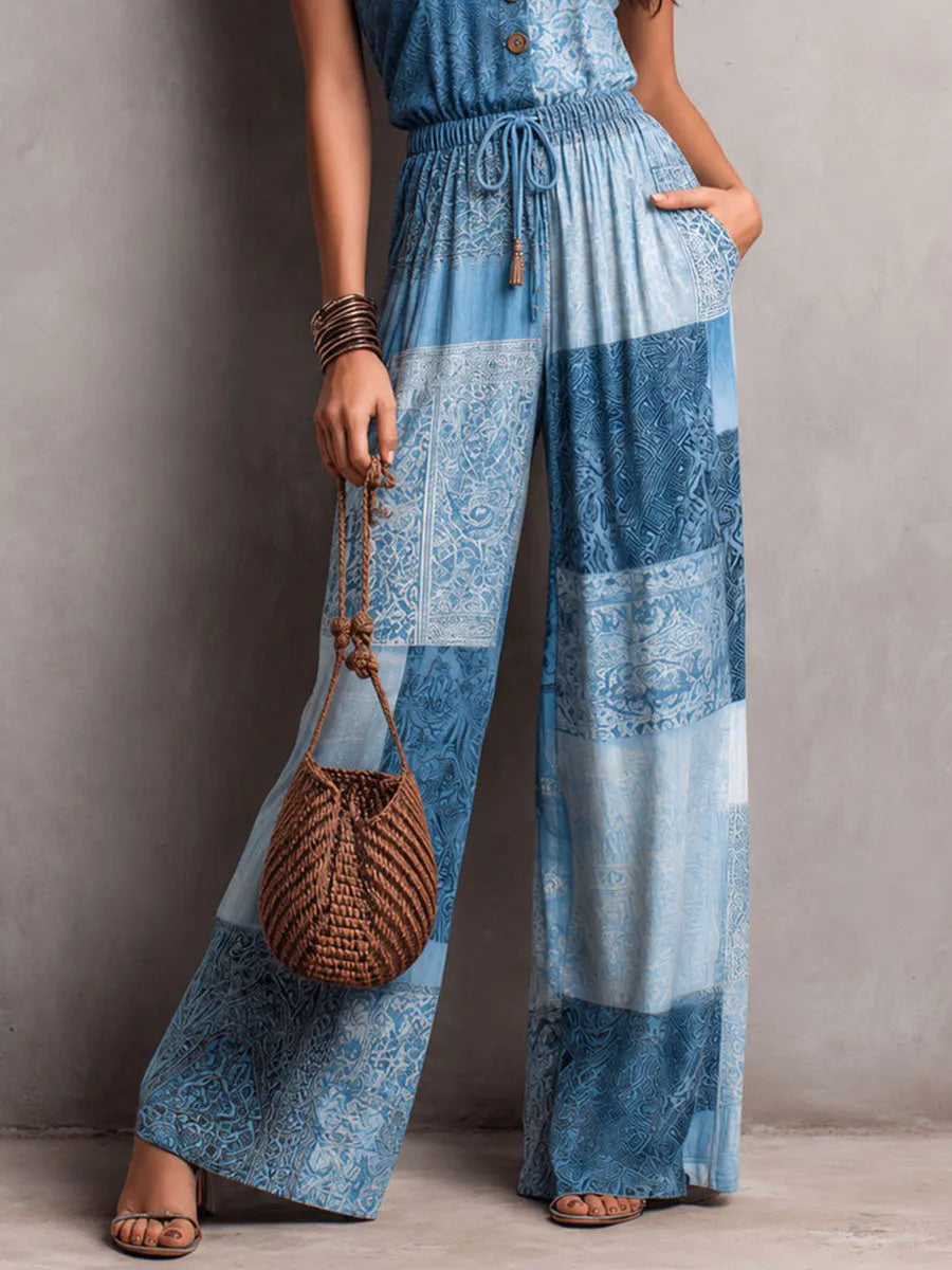 Boho Blue Patchwork Print Strap Wide-Leg Jumpsuit