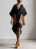 Women’s Black & Brown Cotton-linen Blend Geometric Color Block Cold Shoulder V Neck Batwing Sleeve Midi Dress MDZ0710G5YZJ
