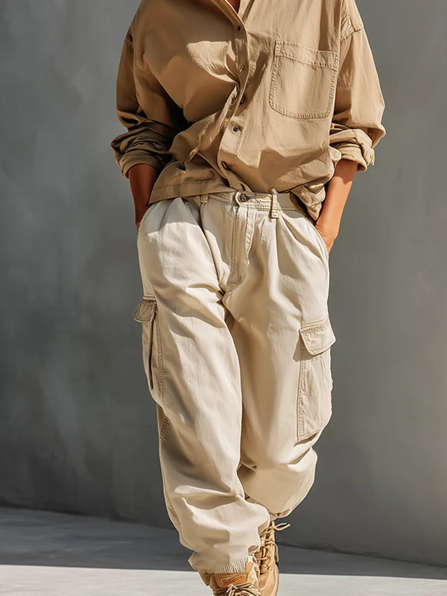 Women's Khaki & Cream Cotton Two-Piece Set With Oversized Chest Pocket Shirt & Multi-Pocket Cargo Jogger Pants, Streetwear Neutral Casual Matching Outfit MDZ0750G3LYL