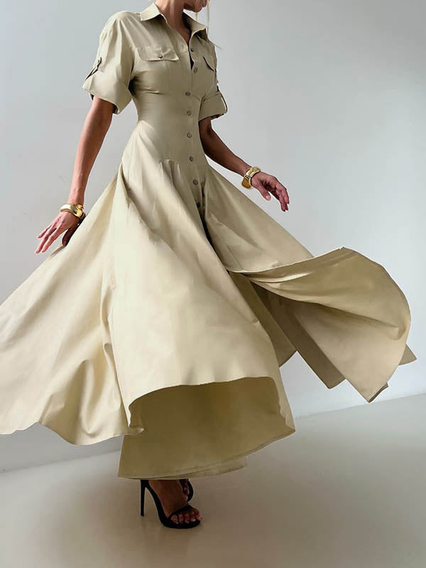 Short Sleeves Buttoned Solid Color Lapel Maxi Dresses Shirt Dress