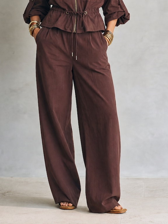 Women's Modern Chocolate Brown Utility Zip-Front Drawstring Jacket And Wide-Leg Pants Two-Piece Set MDZ1781G6ZSQ