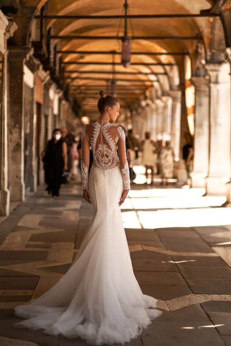 Luxurious Mermaid Fit and flare Long illusion Sleeve Mockneck Illusion open decorated back back Pearl sequin Embroidered wedding dress