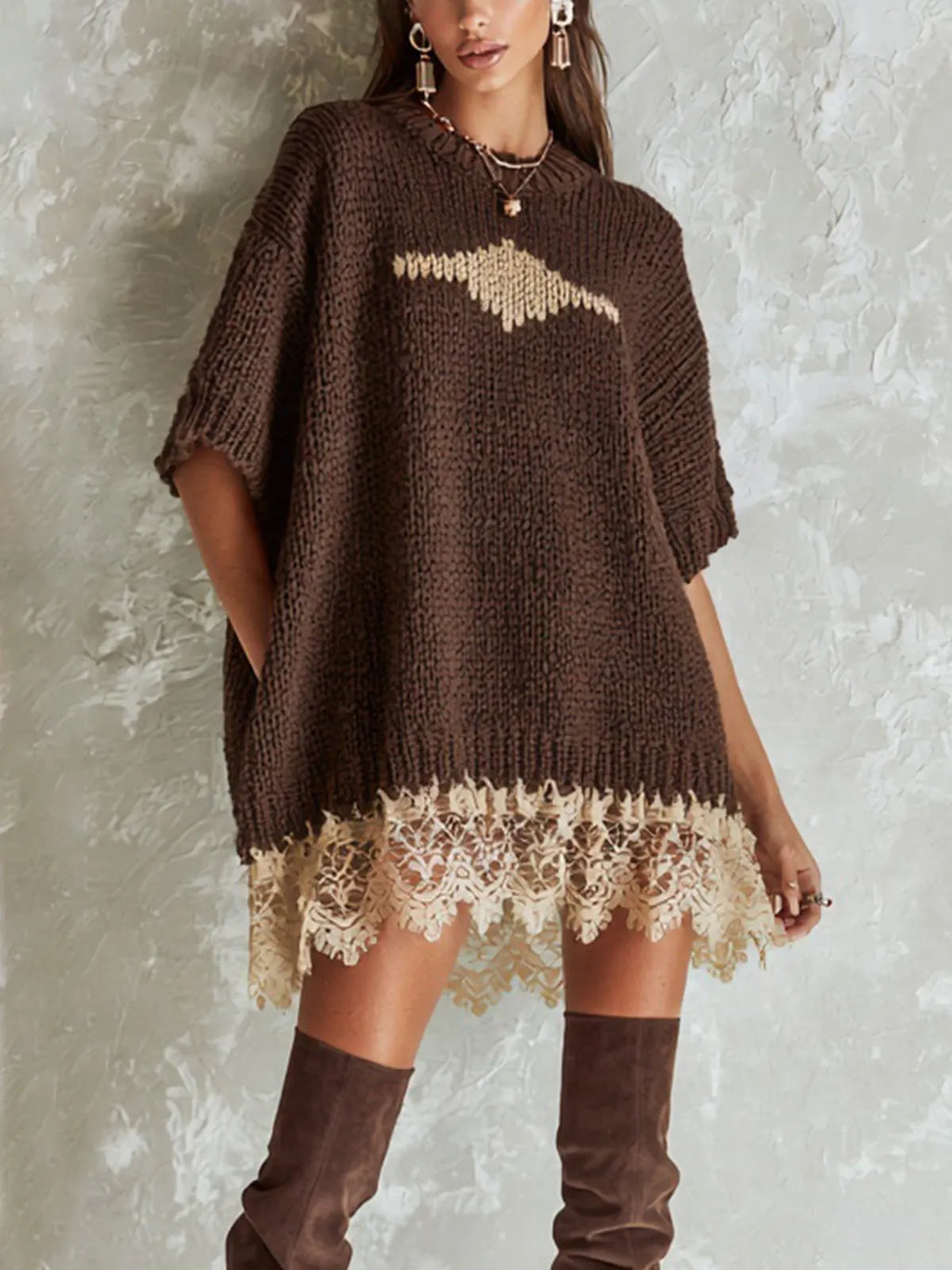 Brown Oversized Lace Hem Knit Mini Dress