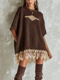 Brown Oversized Lace Hem Knit Mini Dress