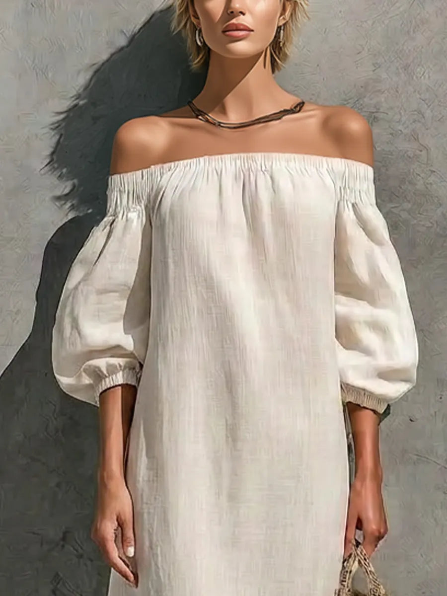 Women’s Off White Cotton-linen Blend Off The Shoulder Elastic Neck Puff Cuffed Sleeve Asymmetrical Fringe Hem Maxi Dress MDZ0777G7YZJ