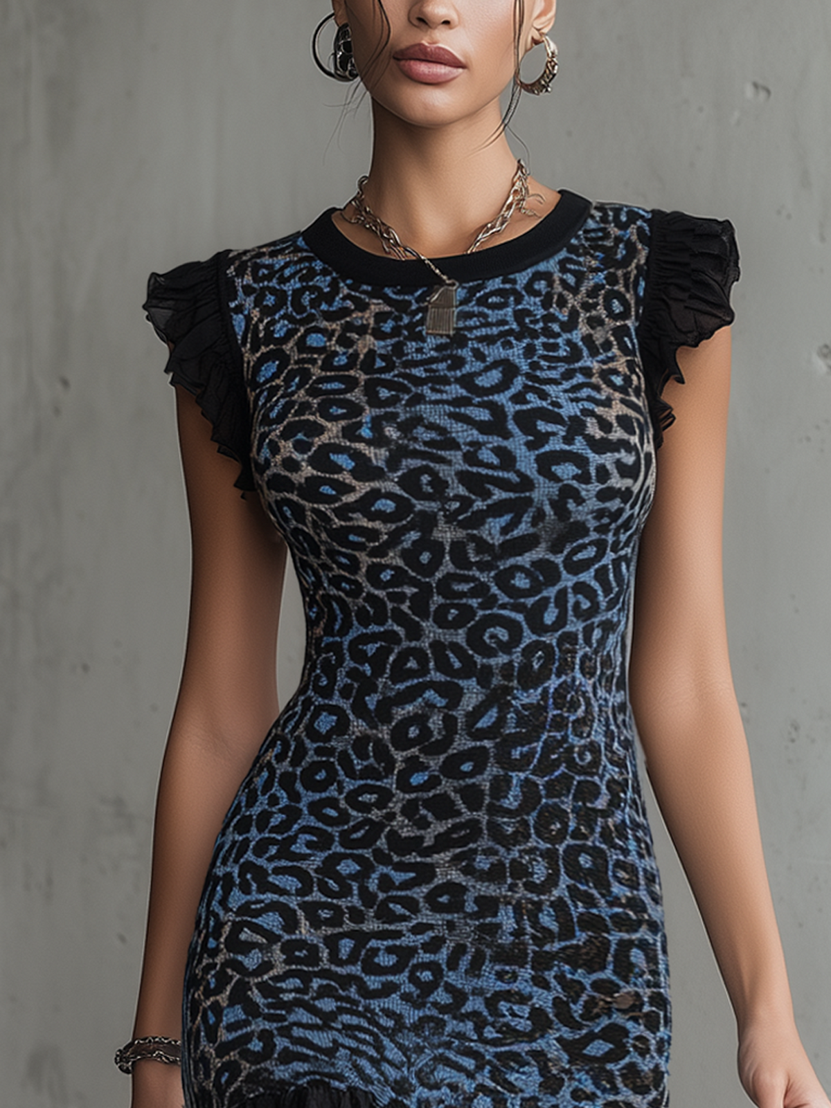 Blue Leopard Print Knitted Ruffle Mini Dress