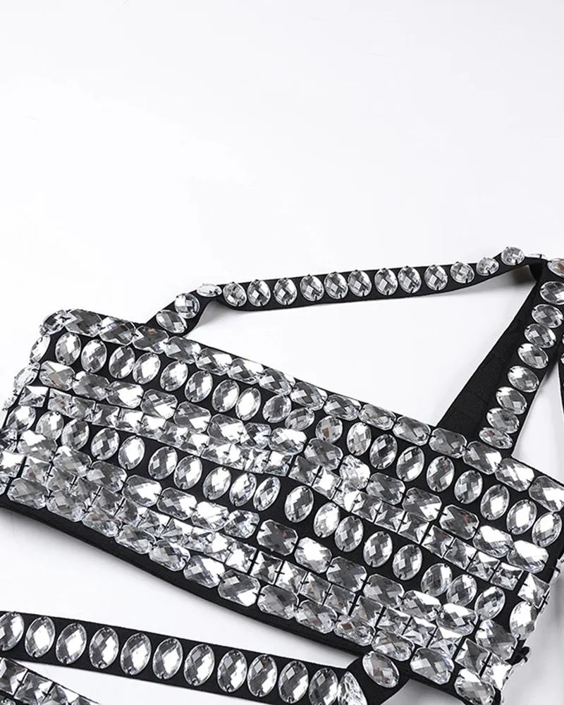 One Shoulder Crystal Trims Maxi Dress Black