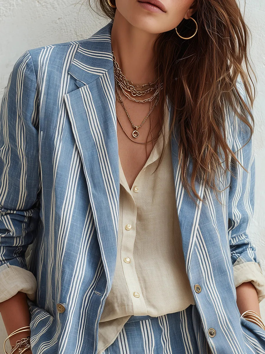 Bohemian Sky Blue Striped Suit Jacket