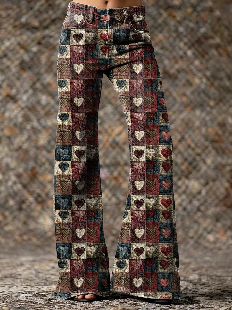 Women's Artistic Heart-pattern Patchwork Print Casual Washed  Pants