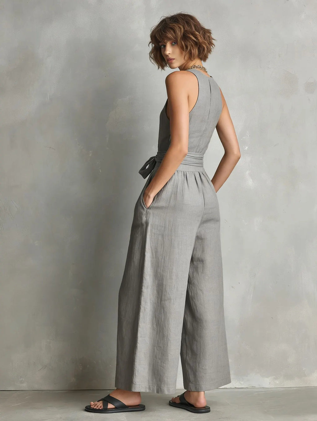 Momocco Elegant Waist-Knot Jumpsuit - Sleeveless Wide-Leg One-Piece Quiet Luxury Set