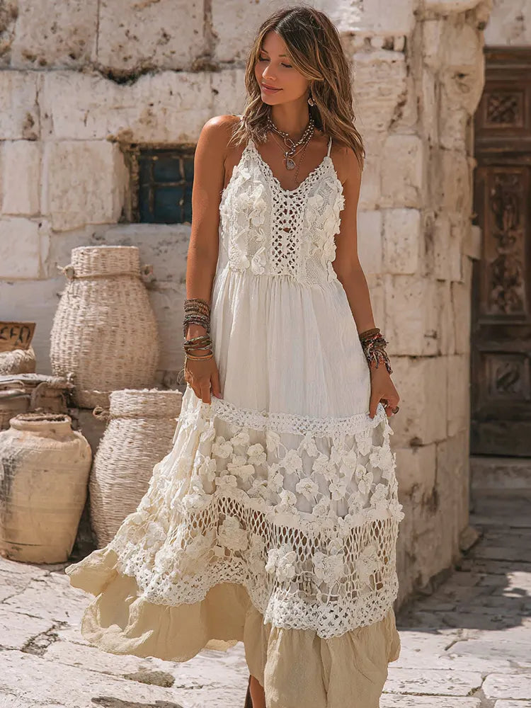 Women's Vintage Floral Embroidered Art Suspender Midi Dress