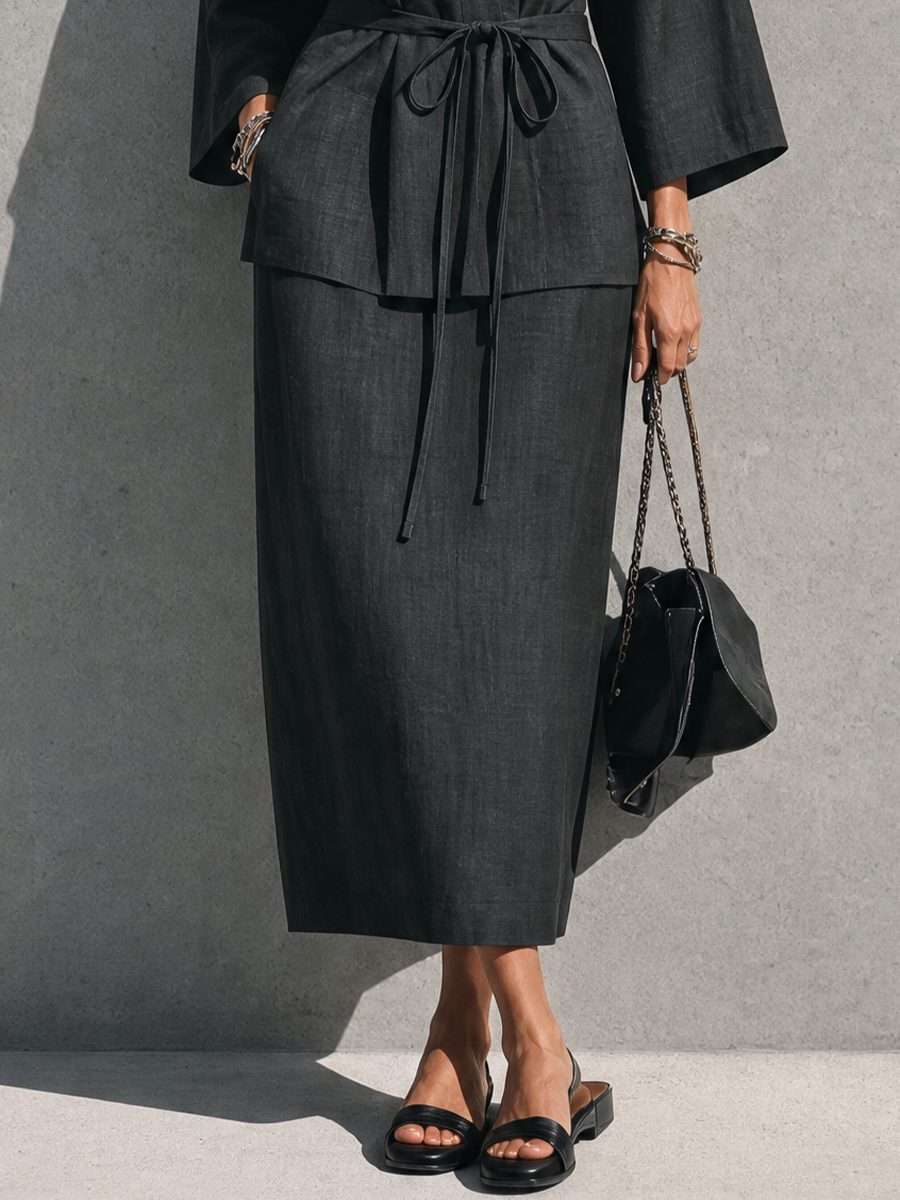 Women's Minimalist Relaxed Style Black Linen Cotton V-Neck 3/4 Sleeve Tie Wrap Top Midi Skirt Set MDZ0733G7GMJ