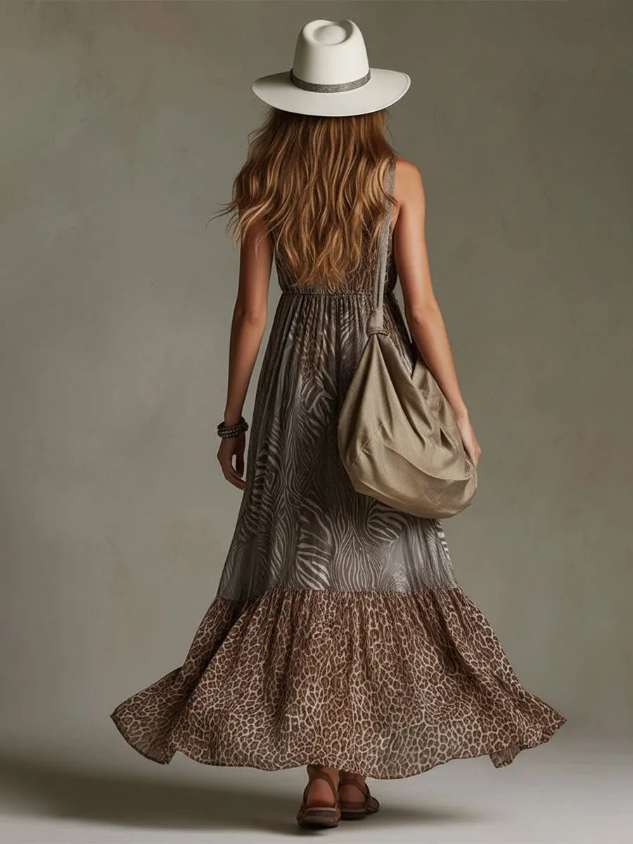 Vacation Retro Leopard Print Zebra Brown Chiffon V-Neck Lace Sleeveless Maxi Dress