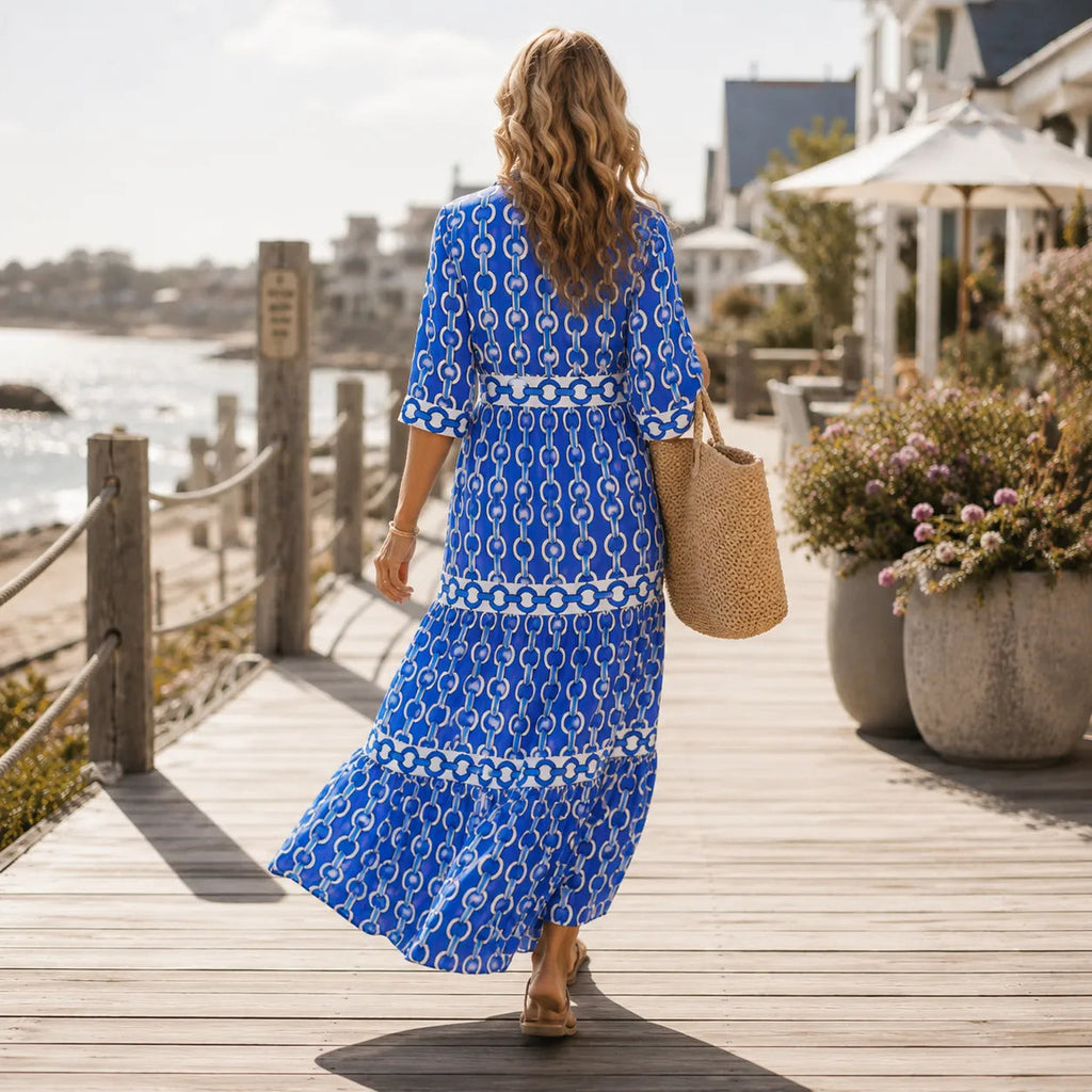 Verella – Chain-Print Tiered Maxi Dress with Pockets & V-Neck