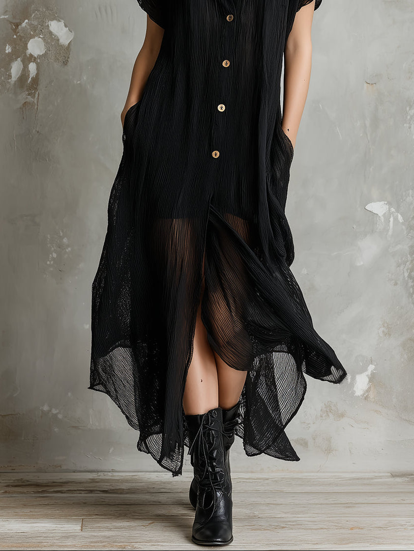 Stylish black short-sleeved loose single-breasted dress with slip dress