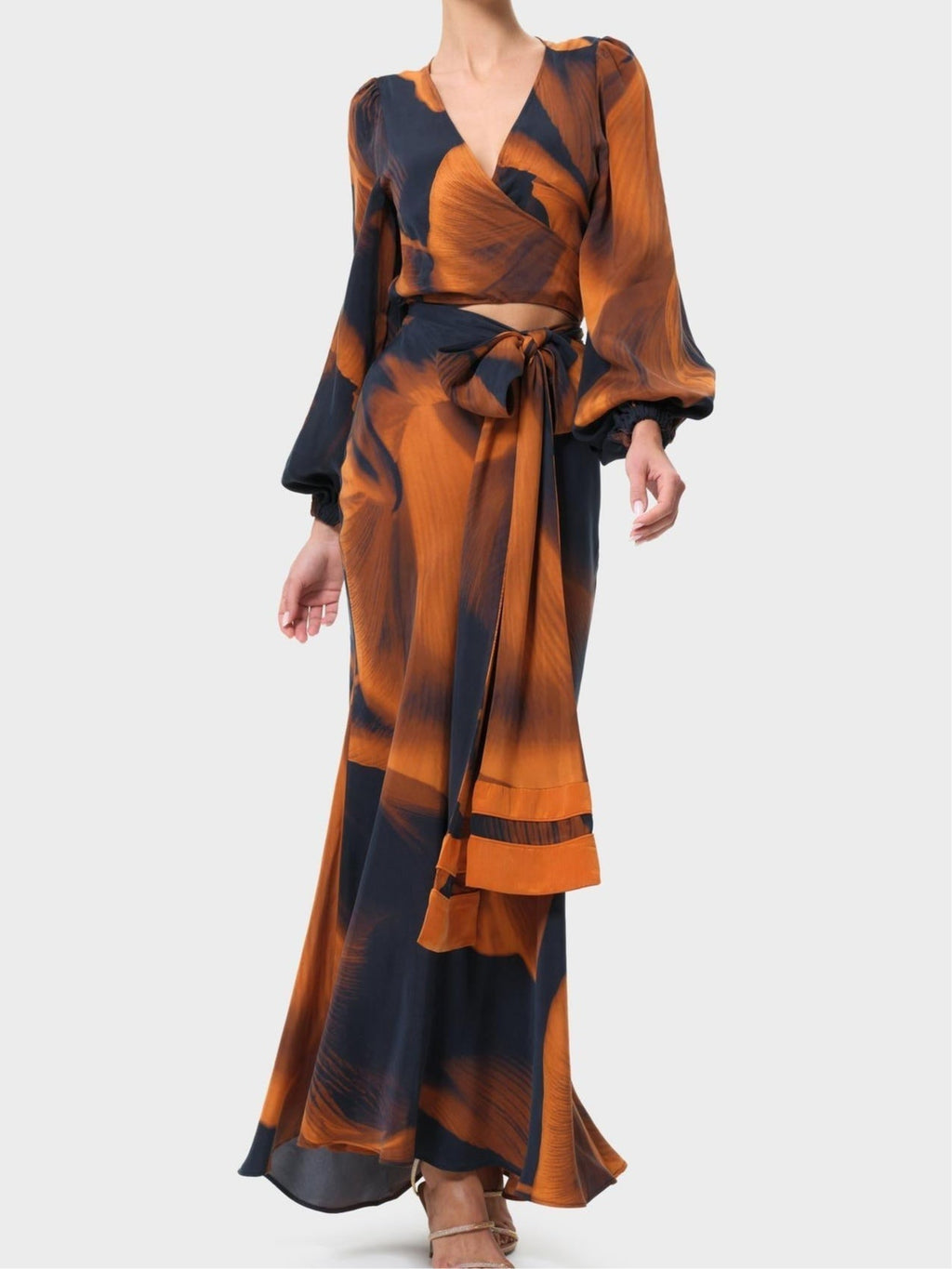 Navy and brown abstract-print reversible top and skirt set