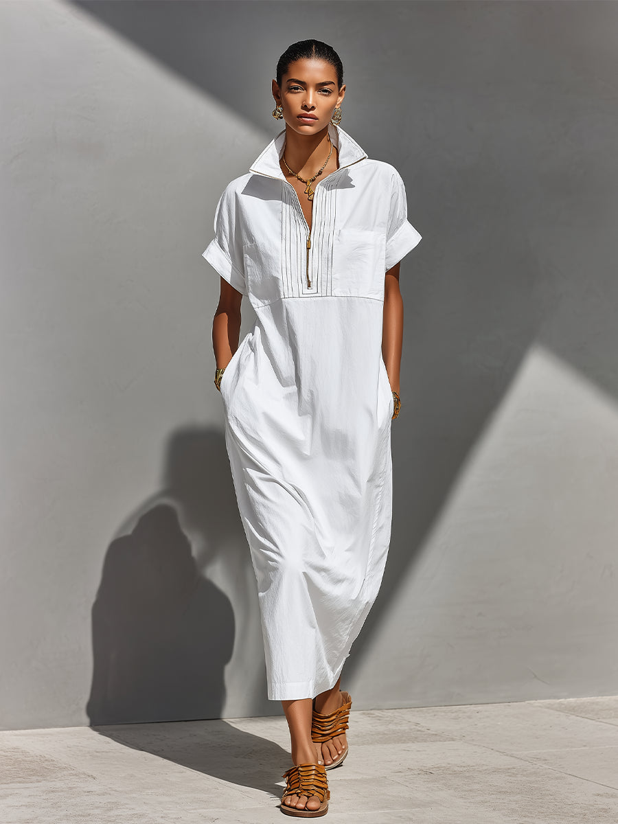 Women's White 100% Cotton Maxi Shirt Dress With Half-Zip Collar & Rolled Sleeves, Timeless Casual Everyday Dress MDZ0779E4LYL