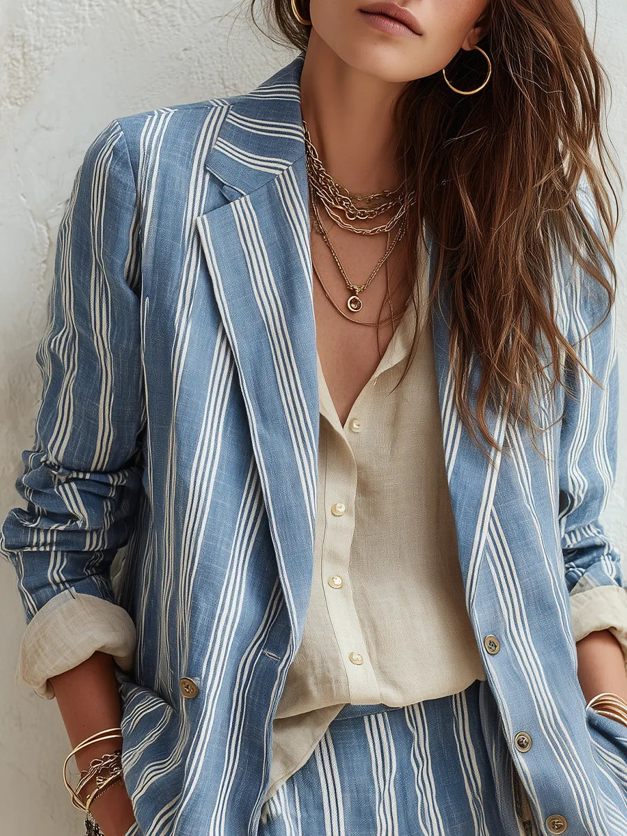 Bohemian Sky Blue Striped Suit Jacket