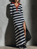 Women's Casual Long-sleeve Maxi Dress In Navy Blue And White Stripes, Made Of Stretchy Knit Fabric MDZ1700G5LXY