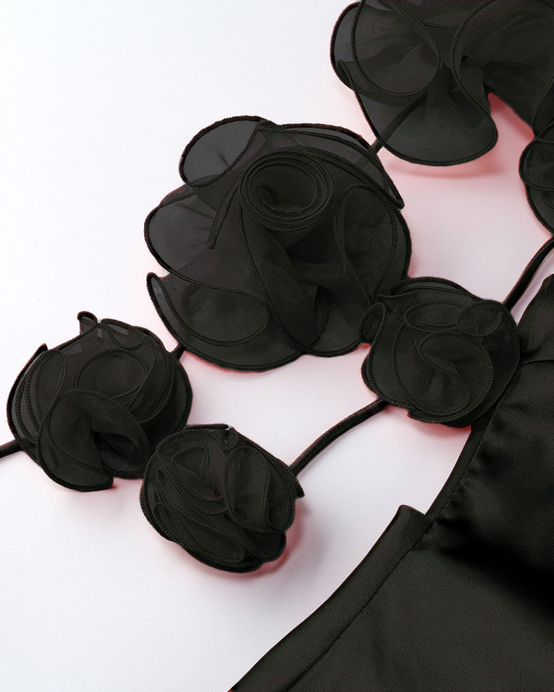 Floral Detail Backless Dress Black