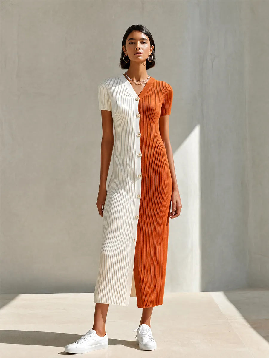 Women's Modern Ivory And Terracotta Color-Block Ribbed Knit V-Neck Short Sleeve Button-Front Midi DressMDZ2102G3ZSQ