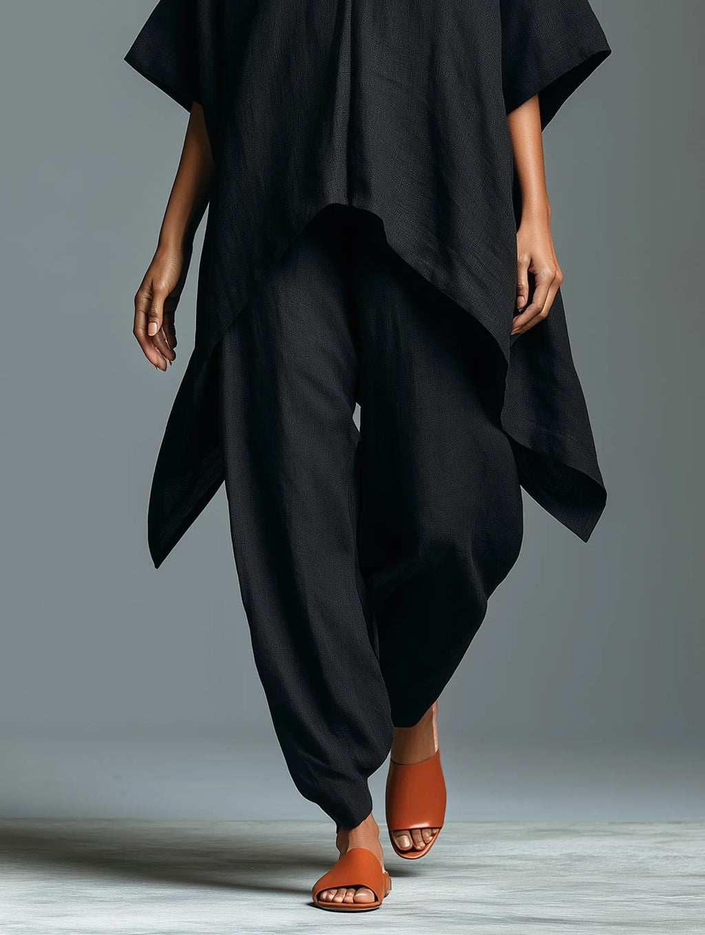Women's Minimalist Linen-blend V-neck Mid-sleeve Blouse And Lantern Pants Set With An Asymmetrical Hem MDZ0852G6WY
