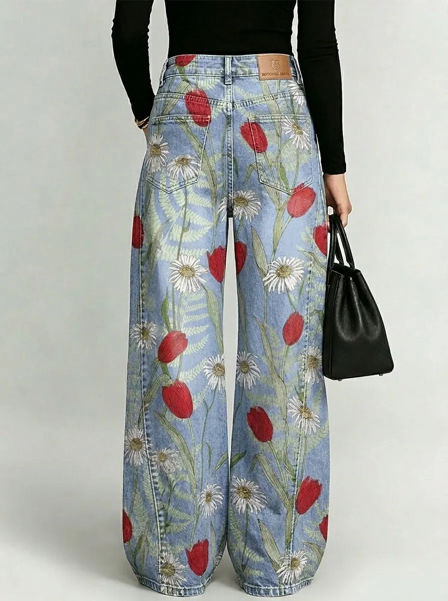 Elegant Floral Decorative Patterns Women's Denim Pants