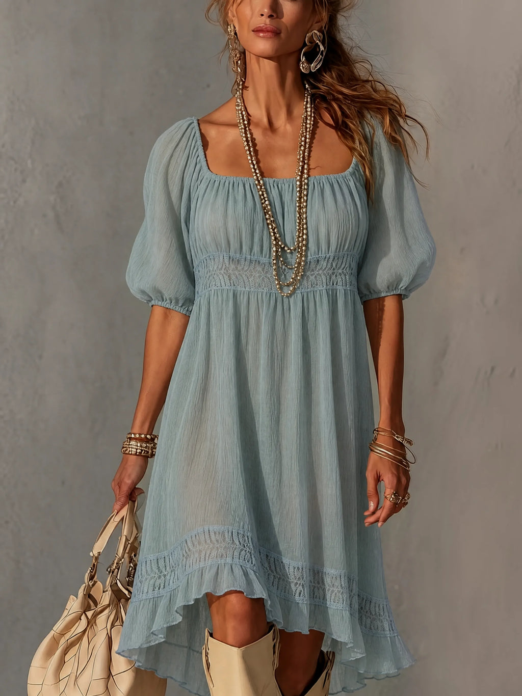 24-Hour-Shipping Blue Pleated Lace Midi Dress