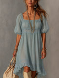 24-Hour-Shipping Blue Pleated Lace Midi Dress