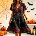 Women's Vintage Halloween Spiderweb Floral Pattern Casual Linen Dress