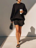 Women's Solid Black Cotton Fabric Co-Ord With Long Sleeve Loose Sweat Top & Relaxed Fit Casual Shorts, Modern Effortless-Chic Daily Athleisure Outfit MDZ2630F7LYL